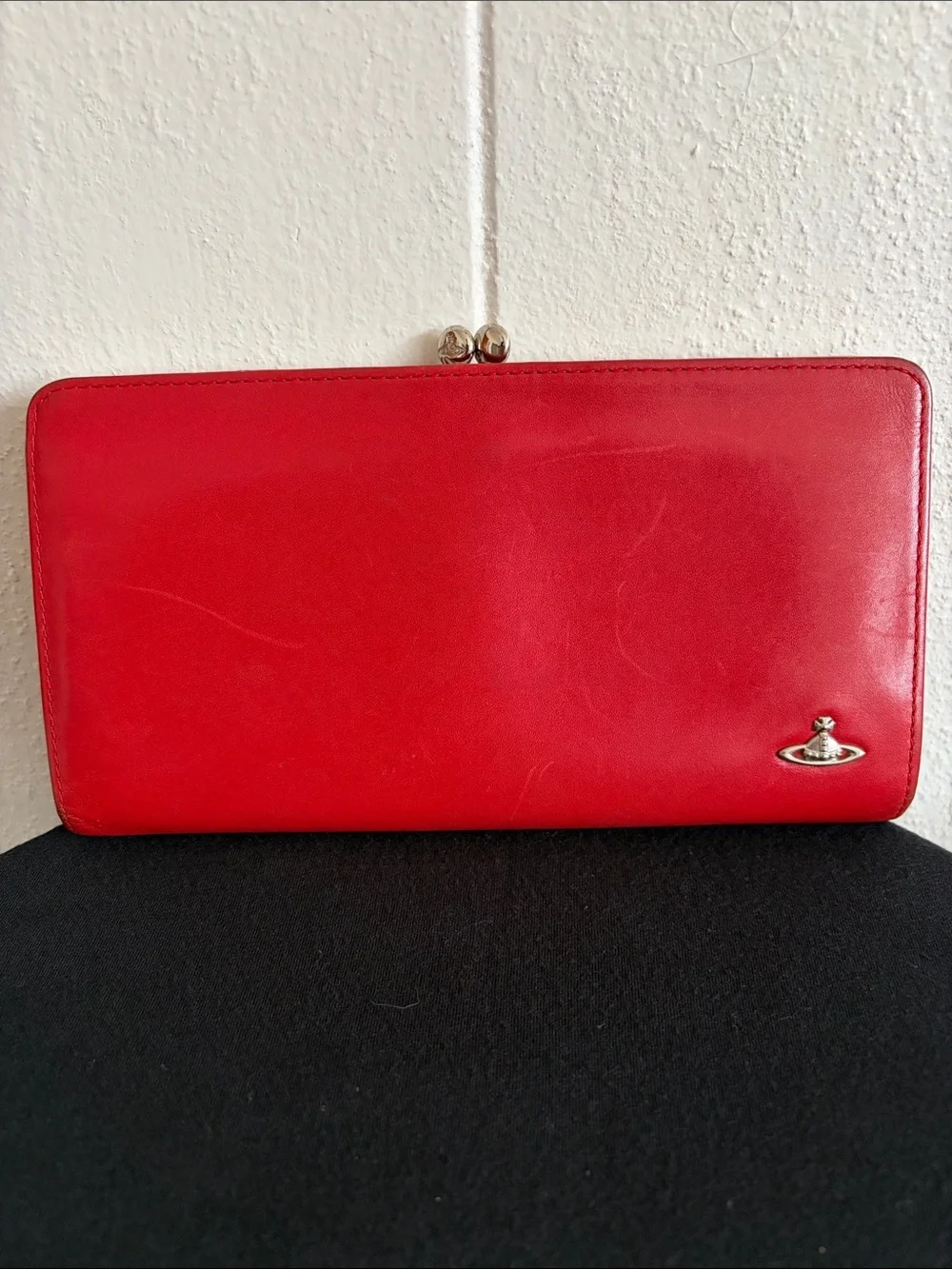 Vivienne Westwood Red Leather Kiss Lock Clutch Wallet with Orb Hardware
